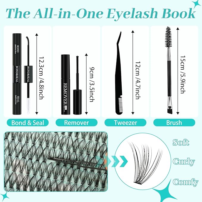Lash Clusters Kit 640Pcs, 30D+40D+50D+60D Eyelash Extension Kit, Lash Bond and Seal Waterproof, Lash Remover, Lash Applicator Tool and Function Brush for DIY Lash Extension Kit(D-Mix9-16mm Kit)