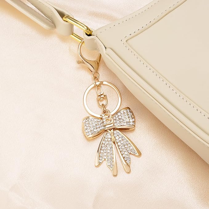 XGALBLA Sparkly Cute Initial Letter Rhinestone Bow Keychain for Women Gold Tone Bag Charms Coquette Aesthetic Purse Charms
