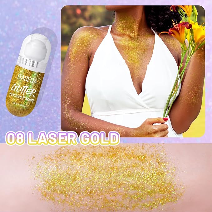 DAGEDA Body Glitter Gel, Roll-on Face Glitter for Mermaid Makeup Festival Rave Accessories, Holographic Hair Glitter Gel,Body Shimmer Halloween Makeup for Rave Party(Laser Gold)