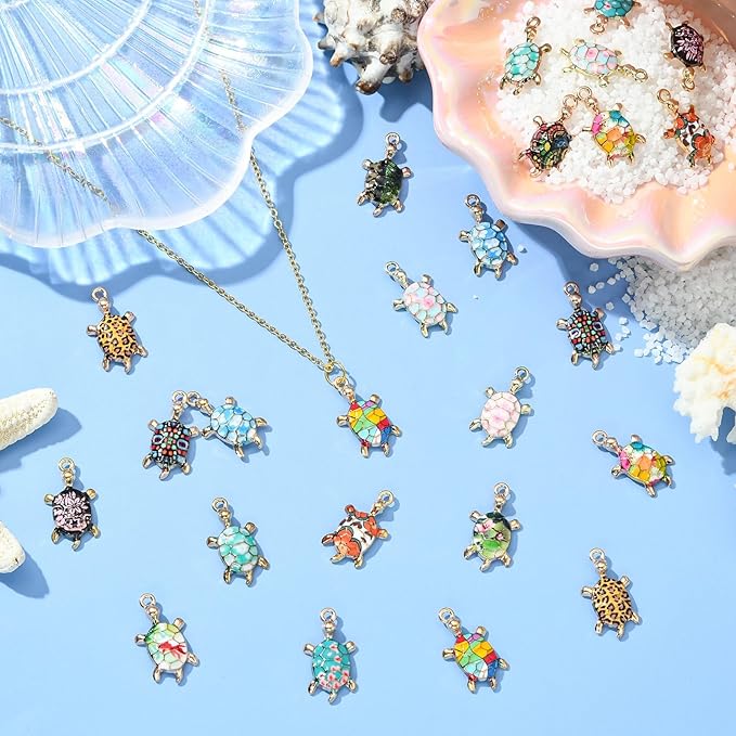 Stiesy 30 Pcs 15 Styles Alloy Enamel Tortoise Charms Pendants Colorful Sea Animal Turtle Dangle Charms Pendant for DIY Jewelry Making Necklace Bracelet Earring keychain Crafts