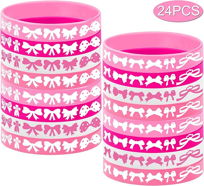 24PCS Pink Bow Silicone Bracelet Party Favors -Bow Rubber Bracelet Party Supplies Decorations Birthday Baby Shower Holiday Class Prizes Party Gifts
