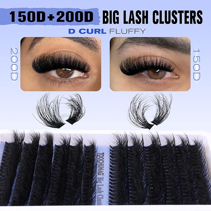 TOOCHUNAG Fluff Lash Clusters Thick Volume Individual Lashes 14-20mm Cluster Eyelash Extensions D Curly Long Eyelash Clusters for DIY Dramatic Lash Extension at Home
