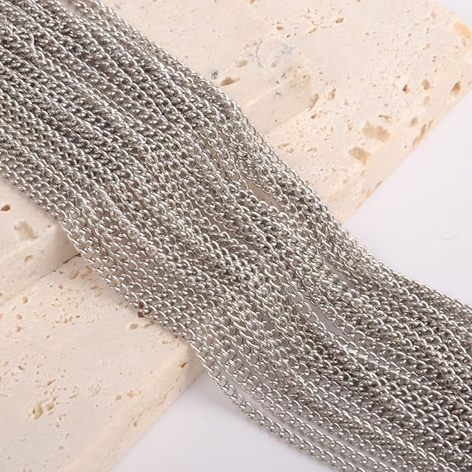 [66 Feet/ 20M] Stainless Steel Curb Chain, 2mm 304 Stainless Steel Chains Flat Twisted Links Curb Chain Bulk for Jewelry Making DIY Craft