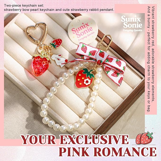 2Pcs Strawberry Keychain Charm Cute Bag Charms Flower Daisy Pearl Bow Keychain Strawberry gift for Women