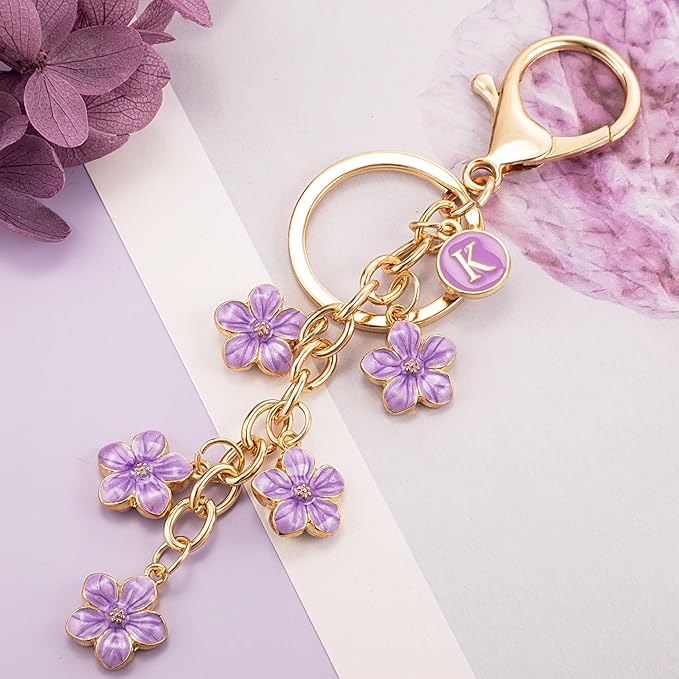 XGALBLA White Pink Black Cute Initial Letter Keychain for Women, Flower Bag Charms Enamel Keyring for Handbag Backpack