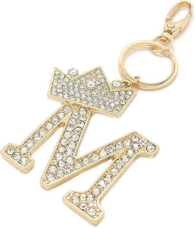 CBC Crown Crystal Rhinestone Letter Initial Keychain, Gold Metal, Bag Charm with Key Ring Approx. 2.17" x 2.56"