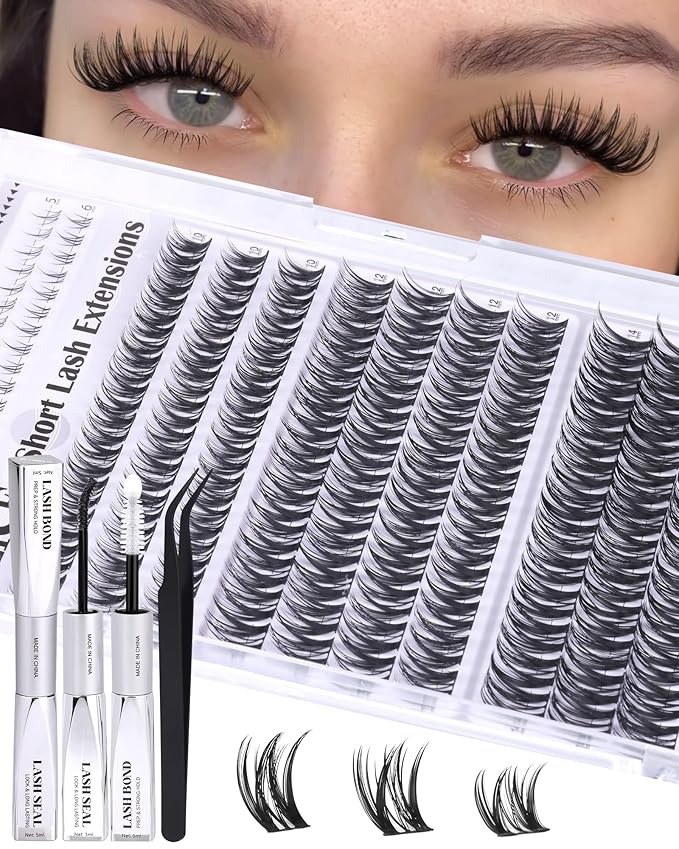 Flaunt Lash Clusters Kit Natural Wispy Lash Extension Kit Short 10mm-12mm-14mm Cluster Eyelash Extension Kit Individual Lashes Kit with Bottom Lashes Bond and Seal by ALICE