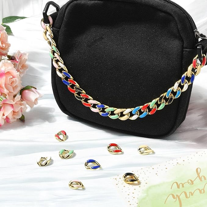 LiQunSweet 135 pcs 9 Colors Oval ABS Plastic Twisted Linking Rings Chains UV Plating Colorful Rainbow Oval Quick Link Connector Chain for DIY Jewelry Making Craft Decoration