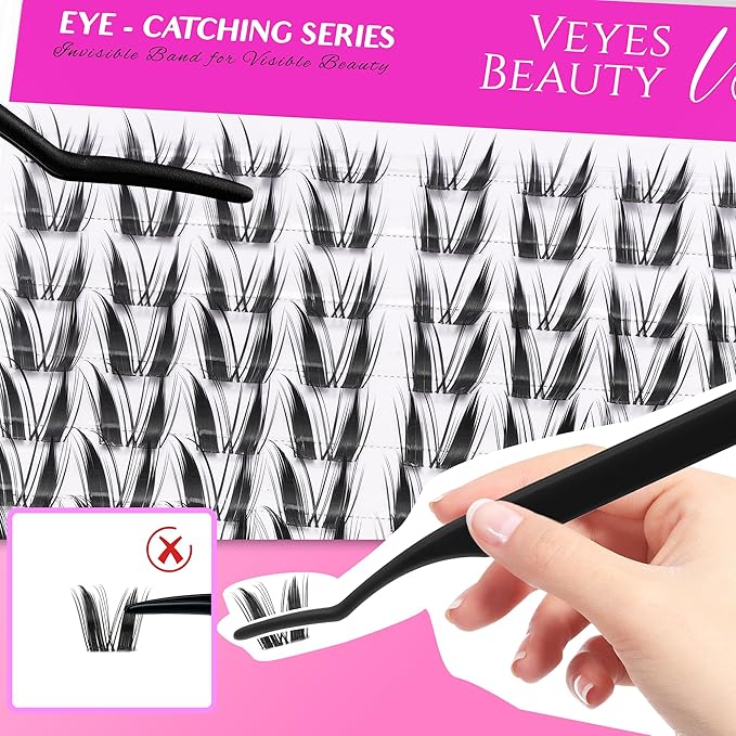 VEYESBEAUTY Lash Clusters Individual Eyelash Extensions Thin & Invisible Band DIY False Eyelashes for Self-application Eye-Catching Series Wispy Lash Tray, Bunny 8-18mm Mixed Length