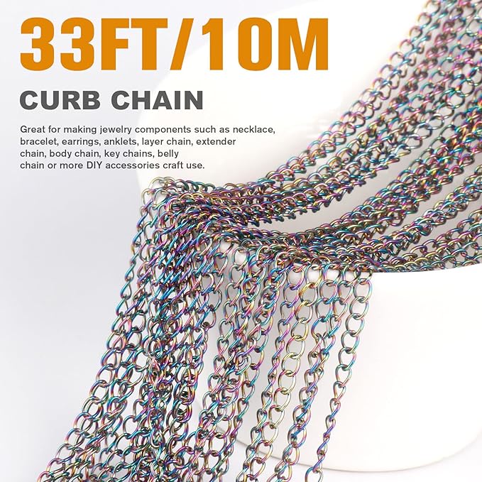 33FT Colorful Stainless Steel Curb Chains Roll, 2.5mm 304 Stainless Steel Multi Color Flat Twisted Links Curb Chains Bulk Spool for Jewelry Making DIY Craft