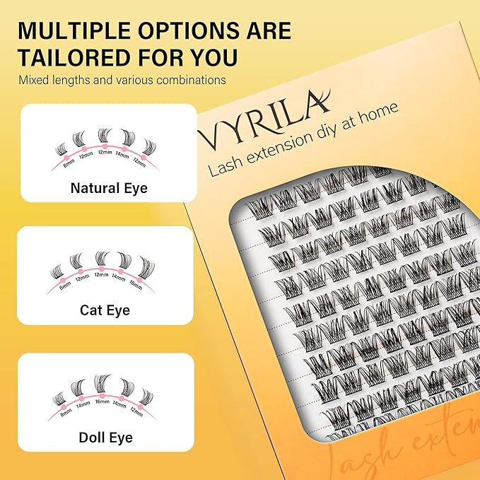 VYRILA Lash Clusters 8-16mm, False Eyelashes 96pcs, Cluster Eyelash Extensions Matte Black Soft, Diy Lash Extensions D Curl Natural Lash Clusters Faux Mink Lashes Wispy（Tide,96pcs,0.07,D,8-16MIX)