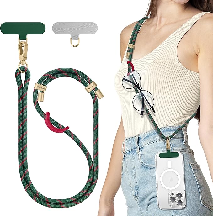 SURPHY Phone Lanyard Crossbody, Adjustable Cell Phone Lanyard with 2 Pack Phone Tether Tab, Two-Color Braided Phone Strap (Christmas Green)