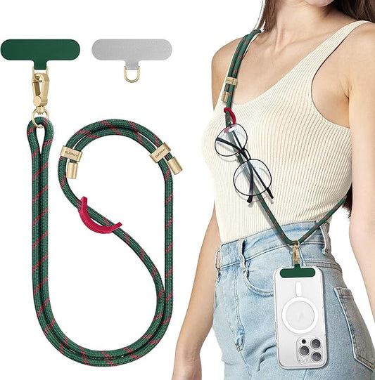 SURPHY Phone Lanyard Crossbody, Adjustable Cell Phone Lanyard with 2 Pack Phone Tether Tab, Two-Color Braided Phone Strap (Christmas Green)