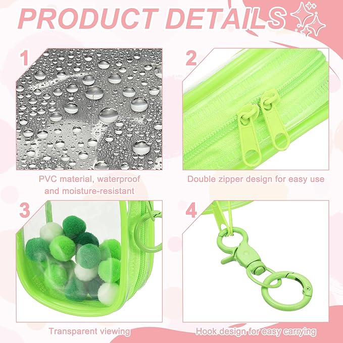 uxcell 4 Inch Clear Figure Display Bag, Mini Clear Pouch Waterproof Coin Pouch with Keychain and Pom Poms for Blind Box Doll Display (Oval, Light Green)
