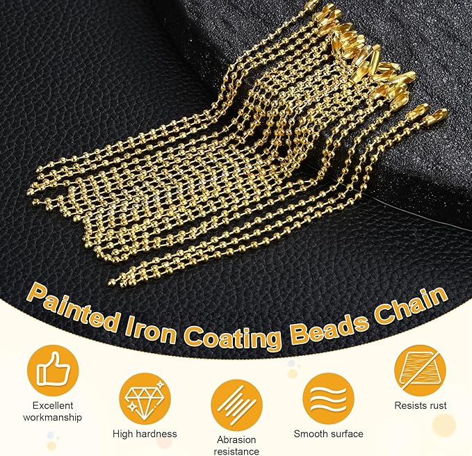 M METERXITY 220-Pack Ball Beads Chain, 4 in Metal Beaded Necklace Adjustable Keychain with Connectors for Jewelry Making/DIY Crafts/Hanging Decoration, Dog Tag Chain [Gold]