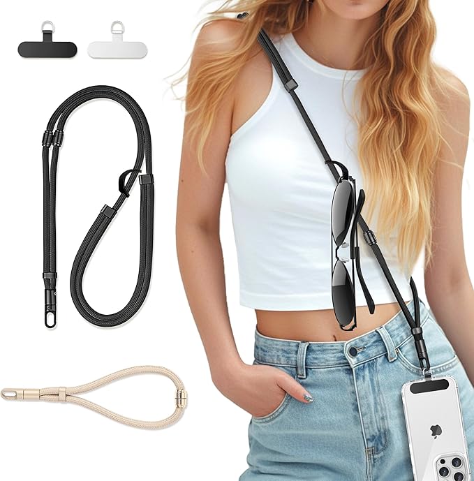 3-in-1 Cell Phone Lanyard 1 Pack + Wrist Strap 1 Pack - Convertible Crossbody Strap with Locking Knob Friendly, Adjustable Neck Lanyard for Gym/Work/Travel Essentials(Black)