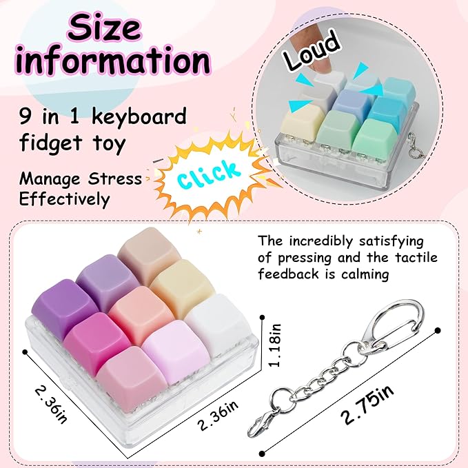 2 Pack 9 in 1 Keyboard Fidget Toy, Keyboard Fidget Keychain Anti-stressKeyboard Decompression Button Finger Clicker Toys Stress Relief Fidget Gifts (Mix Blue Pink)