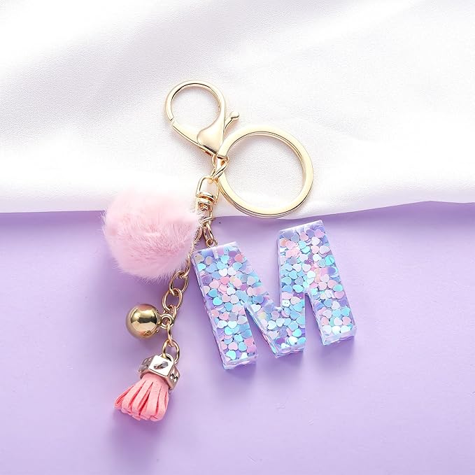 Resin Alphabet Initial Letter Keychain Keyring for Women Purse Handbags With Fur Ball Pom