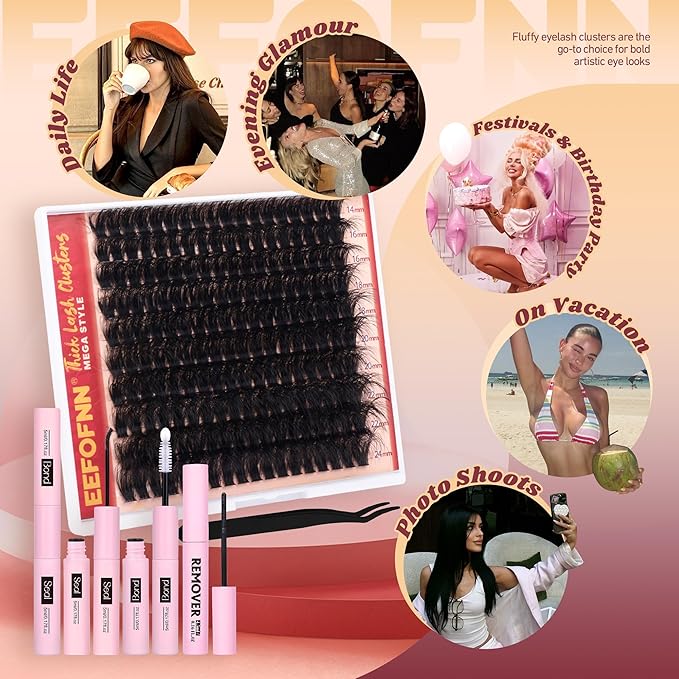 Fluffy Lash Clusters Kit Dramatic 270D Cluster Eyelash Extensions Kit 14-24mm Long Eyelash Clusters Kit Thick Volume Individual Lashes Bond and Seal Remover Tweezers Mega Lash Extension Kit by Eefofnn