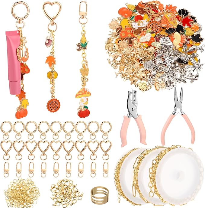 VioraWhite Lip Gloss Charm Kit Lip Gloss Keychain Making Kit Including Assorted Charms Keychain Clips Extender Chain (716 Pcs,Cute Style)