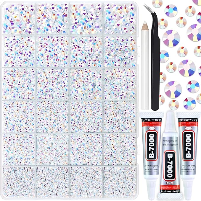 25000PCS White AB Jelly Resin Rhinestones, Mixed 2MM 3MM 4MM 5MM 6MM Flatback Rhinestone for Crafts Tumblers Bags Graduation Cap Celebration Makeup Bling Decoration with B7000 Glue
