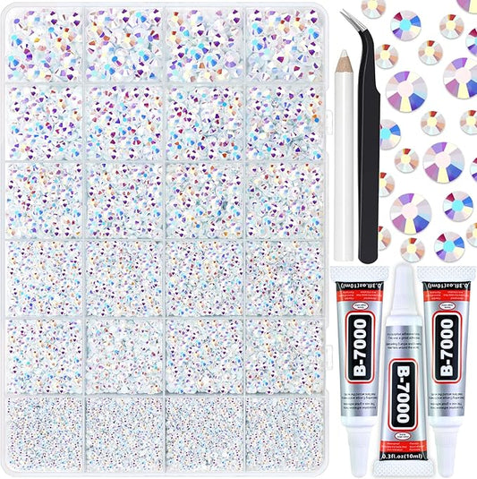 25000PCS White AB Jelly Resin Rhinestones, Mixed 2MM 3MM 4MM 5MM 6MM Flatback Rhinestone for Crafts Tumblers Bags Graduation Cap Celebration Makeup Bling Decoration with B7000 Glue