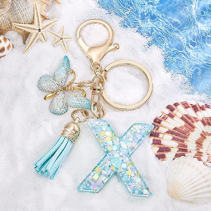 Fashion Alphabet Initial Letter Keychain Tassel Butterfly Pendant Key Ring for Purse Handbags Women Girl