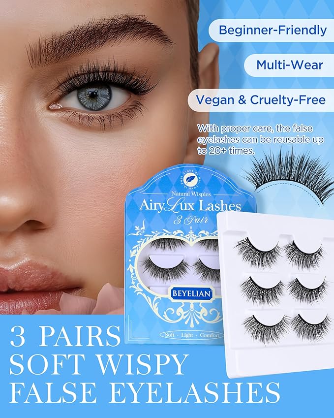 EYELIAN False Eyelashes, Black Full Volume Strip Flat Lashes 8-15mm Ultra Lightweight and Soft Wispy, Natural Doll Eye Fake Lashes, Reusable, Easy to Apply