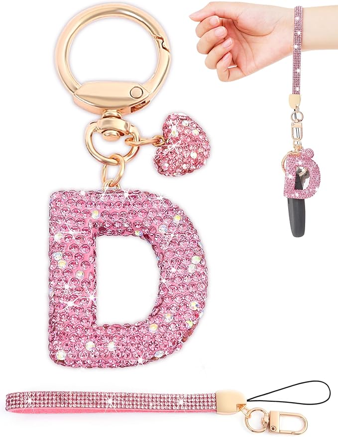Initial Keychain for Women Girls,Bling Letter Key chain Initial with Heart,Pink Keychain Charms for Backpack Handbag