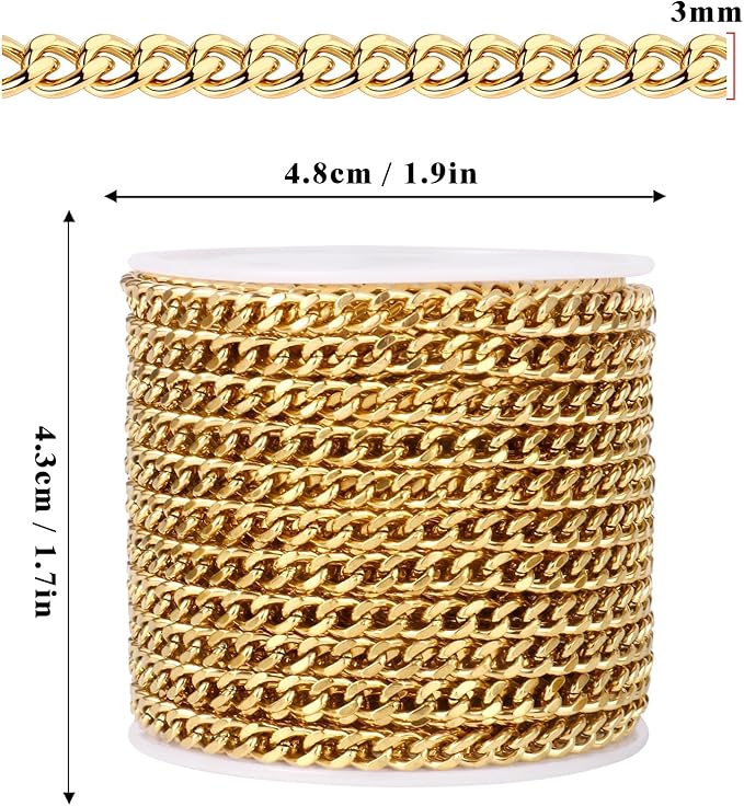 33FT Gold Stainless Steel Cuban Chain Roll 3MM 18K Gold PVD Plated Diamond-Cut Curb Link Chains Spool Bulk for Jewelry Making