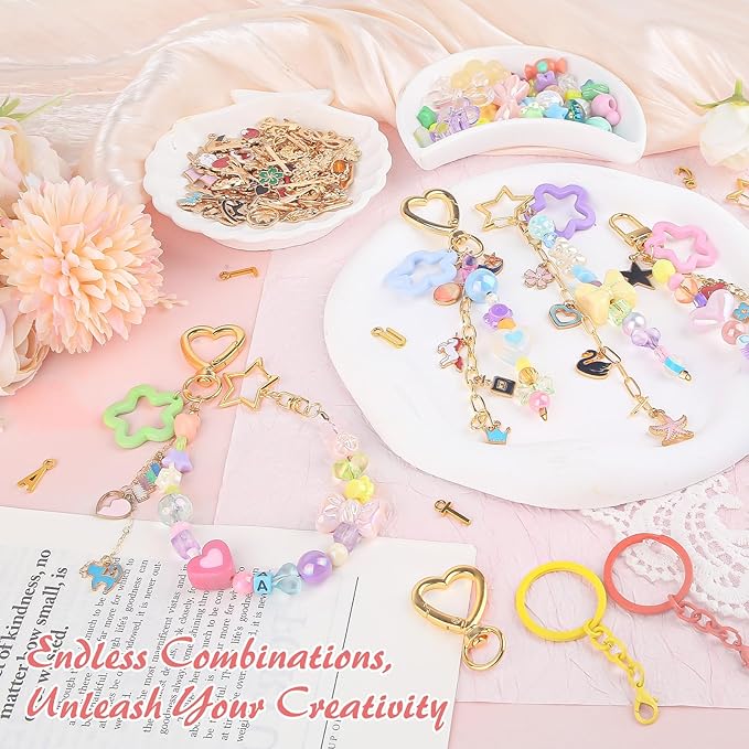 Ecoofor Keychain Making Kit 354 Pcs — Bag Charm Kit with 136 Charms, 25 Extender Chains, 20 Keychain Clips, Beading Accessories ＆ Jewelry Pliers — DIY Crafting and Jewelry Making for Adults