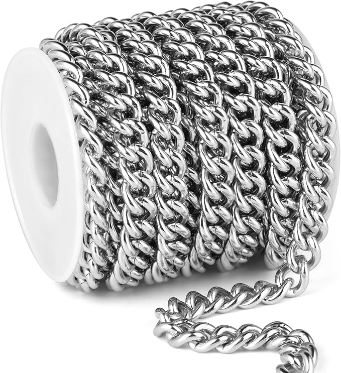 16.5 FT Stainless Steel Curb Chain Roll, 9mm 304 Stainless Steel Flat Twisted Links Curb Chains Bulk Spool for Jewelry Making Necklace DIY Craft