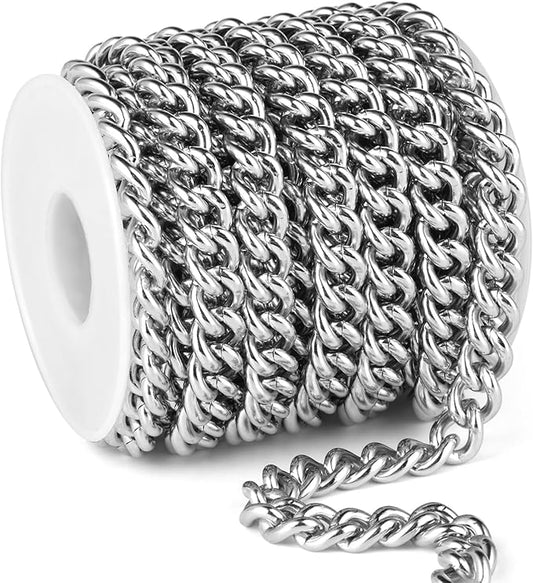 16.5 FT Stainless Steel Curb Chain Roll, 9mm 304 Stainless Steel Flat Twisted Links Curb Chains Bulk Spool for Jewelry Making Necklace DIY Craft