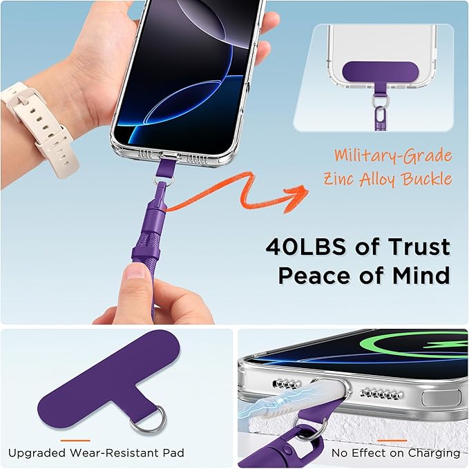 3-in-1 Cell Phone Lanyard 1 Pack + Wrist Strap 1 Pack - Convertible Crossbody Strap with Locking Knob Friendly, Adjustable Neck Lanyard for Gym/Work/Travel Essentials(Purple)