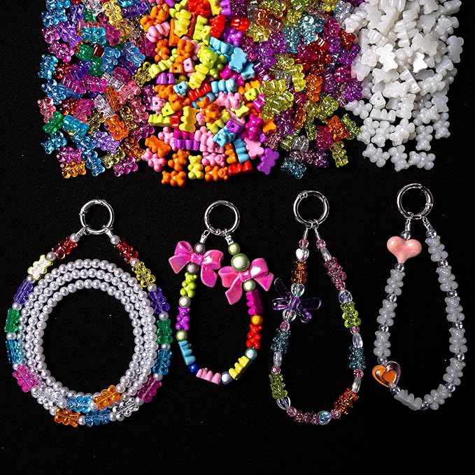 nikkiGuo 200 PCS Acrylic Bear Beads Jewelry Making Kit – 24 Colors in 4 Styles: Candy Color, Transparent, Opaque & Glow in The Dark Beads with Wire, Clasps for DIY Bracelets, Necklaces, Keychains