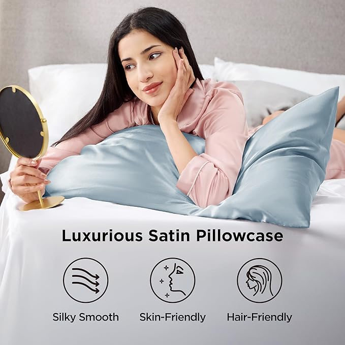 Bedsure Satin Pillowcases, Similar to Silk Pillow Cases Queen Size Set of 2, Stone Blue Pillow Case for Sleeping Women with Envelope Closure, Gifts for Women Men, 20x30 Inches, 2pcs