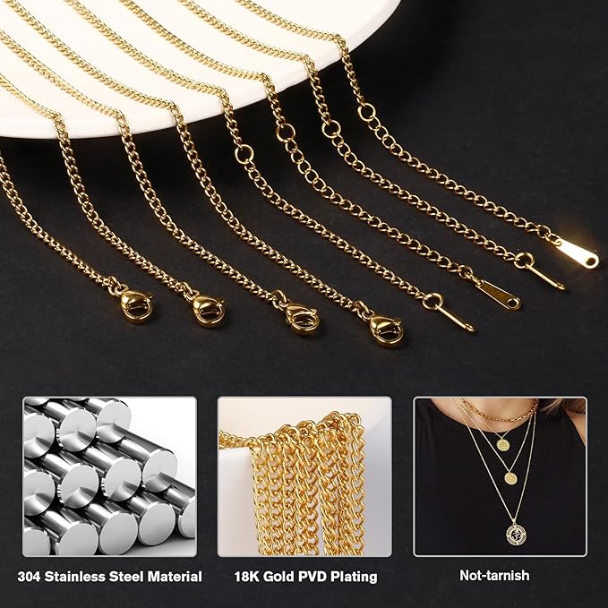 Cadikez 24PCS Gold Curb Chain Necklace Bulk, 2mm 18inch 18K Gold PVD Plated Stainless Steel Finished Flat Twisted Link Chains for Necklace Jewelry Making