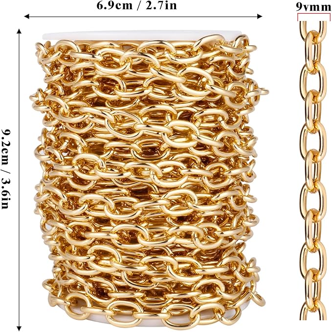 33 Feet Gold Rolo Cable Chains Roll, 9 MM Gold Plated Aluminium Oval Cable O Links Chain Bulk Spool for Jewelry Making DIY Craft