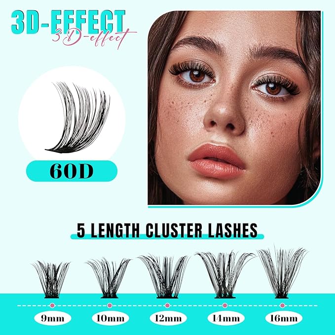 Lash Extension Kit 200PCS Lash Clusters Mix Eyelash Extension Kit with Waterproof Lash Bond and Remover,Individual Lashes with Lash Tweezers for Beginners at Home(60D,D-Mix9-16mm)