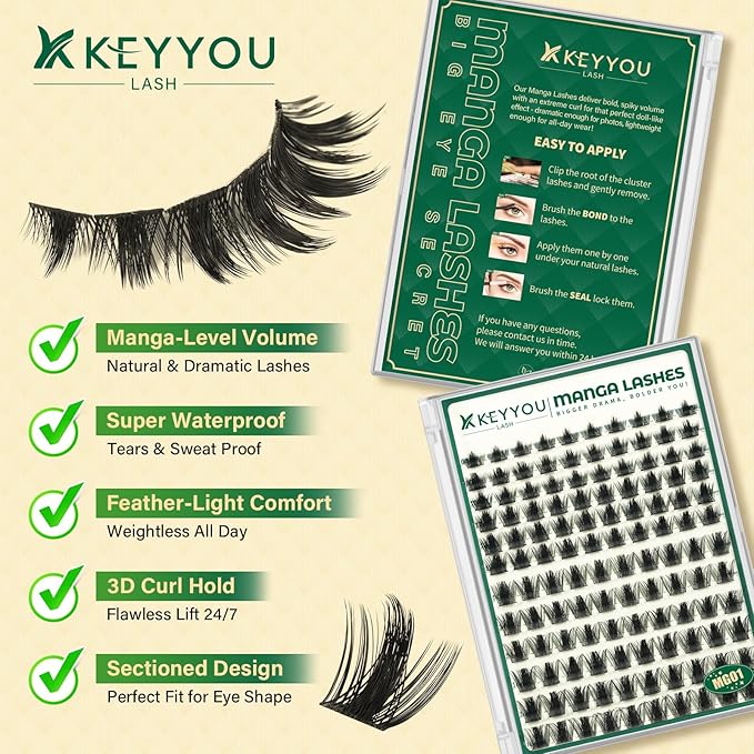 KEYYOU LASH Manga Lash Clusters 8-18mm Fairy Eyelash Clusters Natural DIY Lash Extension Wispy with Soft Thin Band(MG01-8-18)