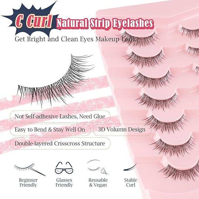 False Eyelashes Natural Look 12MM Strip Lashes with 0.03MM Ultra Thin Band Wispy Lashes C Curl Fake Eyelashes Natural Lash Strips Short Eyelash 7 Pair Siligli