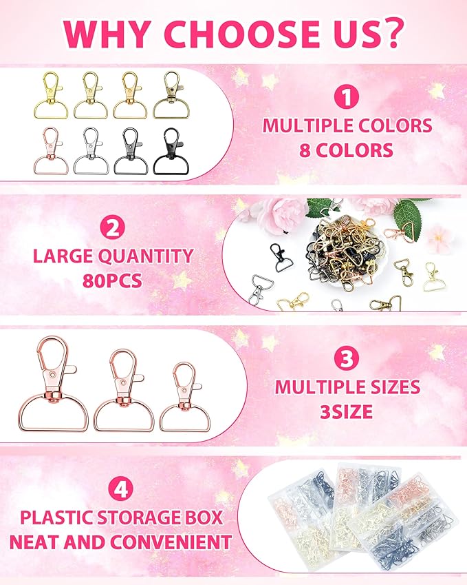 FIVEIZERO 80Pcs Swivel Clasp Hooks, 8 Colors Metal Swivel Snap Hooks, 15mm Keychain Clasps, Purse Hardware for Bag Making, Lanyard Clips, DIY Crafts, Swivel Clips for Keychains, Purses,Accessories