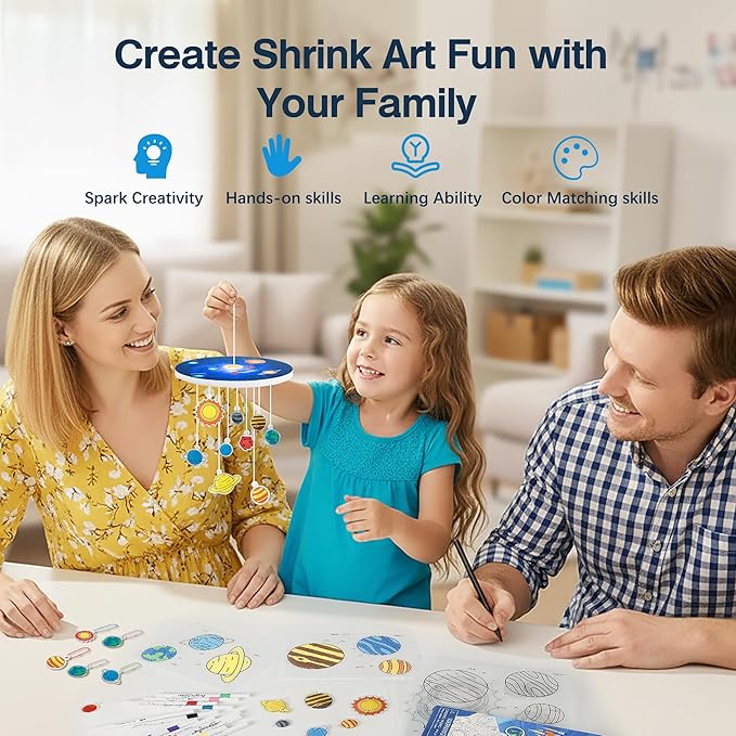 Auihiay 33Pcs Shrink Plastic Sheets Kit, 18 Pre-Cut Solar System Charms, 2 Blank Shrink Papers, 12 Color Markers, Planet-Themed KT Board for Window Hanging Decor