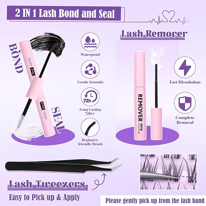ALICE Natural Lash Extensions Kit Invisible Band Lash Clusters Kit Wispy10-14mm Eyelash Extensions C-Curly Individual Cluster Lashes Kit with Lash Remover DIY at Home