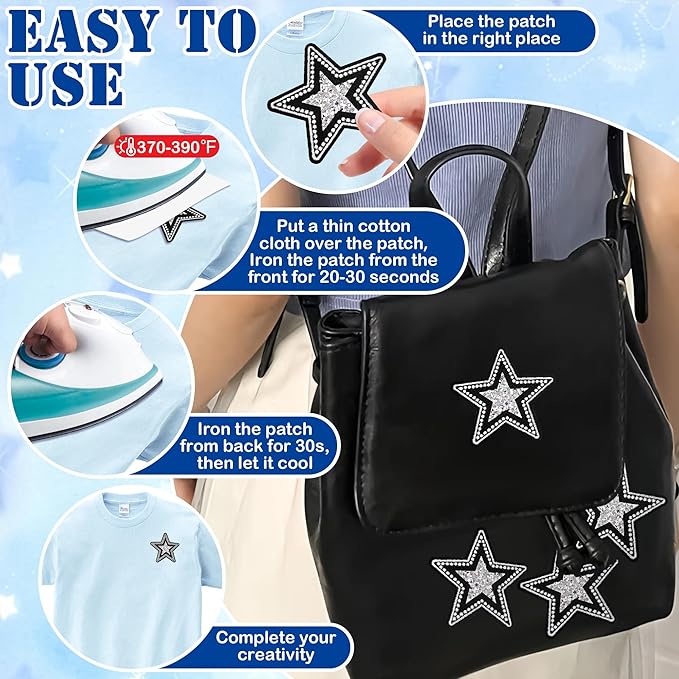 10Pcs Iron on Star Patches - Rhinestone Black Glitter Stars for Hats, Clothes, Backpacks, Costume