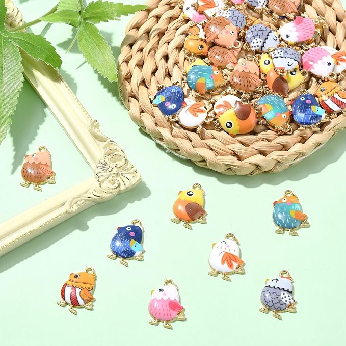 Stiesy 40 Pcs 8 Colors Enamel Colorful Printed Chick Charms Cute Farm Animal Alloy Pendant Charm Bulk for Jewelry Making DIY Necklace Bracelet Crafting