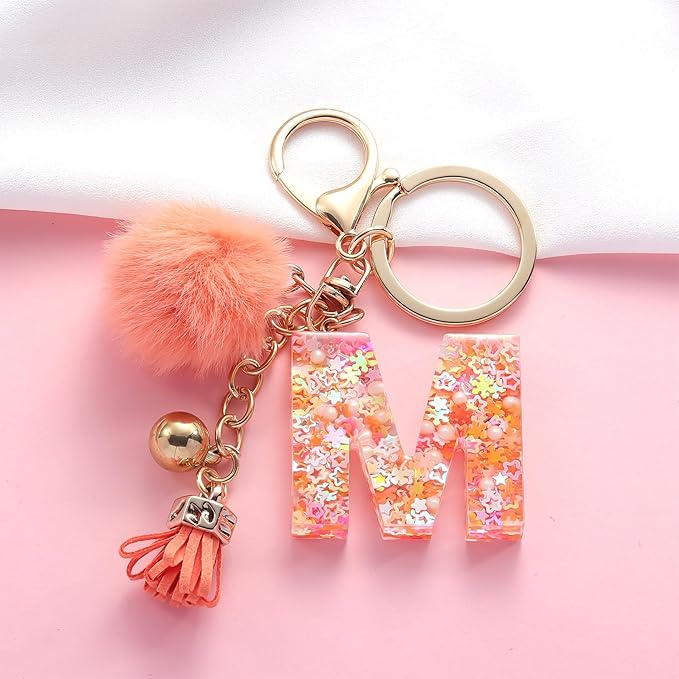 Resin Alphabet Initial Letter Keychain Keyring for Women Purse Handbags With Fur Ball Pom