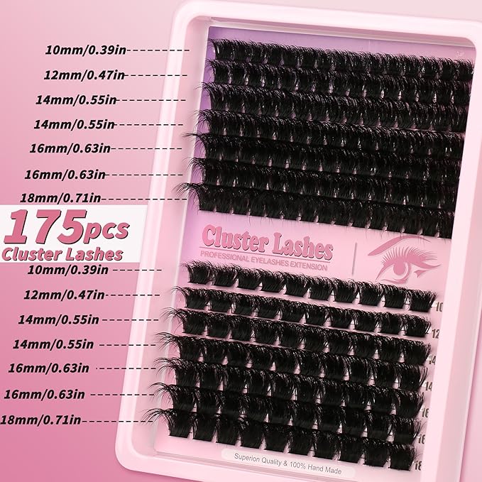 D Curl Lash Clusters Extensions 175 Pcs Individual Eye lash Clusters 150+200D Cluster Eyelash Lashes Wispy Clusters Lashes Makeup at Home - DIY Lash Extension Kit for Self Application