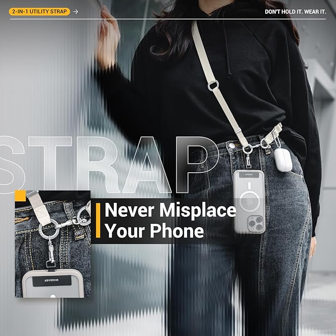 MAGEASY 2-IN-1 Cell Phone Lanyard Crossbody + Wrist Strap Detachable, Built-in Phone Tether Tab & Keychain Compatible with iPhone Most Smartphones | Click and Go Strap for Daily Travel (Starlight)
