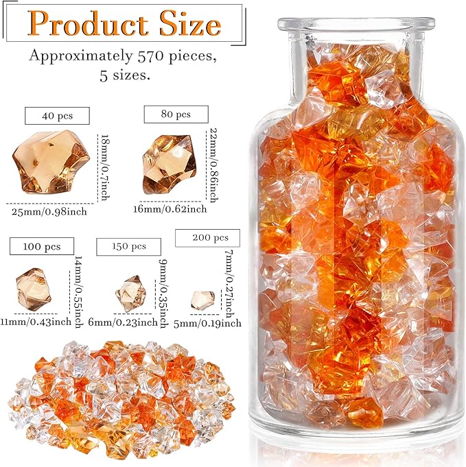 Syhood 570 Pcs 5 Sizes Orange Clear and Amber Fake Crushed Ice Rocks Acrylic Crystal Gems Plastic Diamonds Marble for Christmas Vase Fillers Decoration Wedding Holiday Table Scattering Room Decor